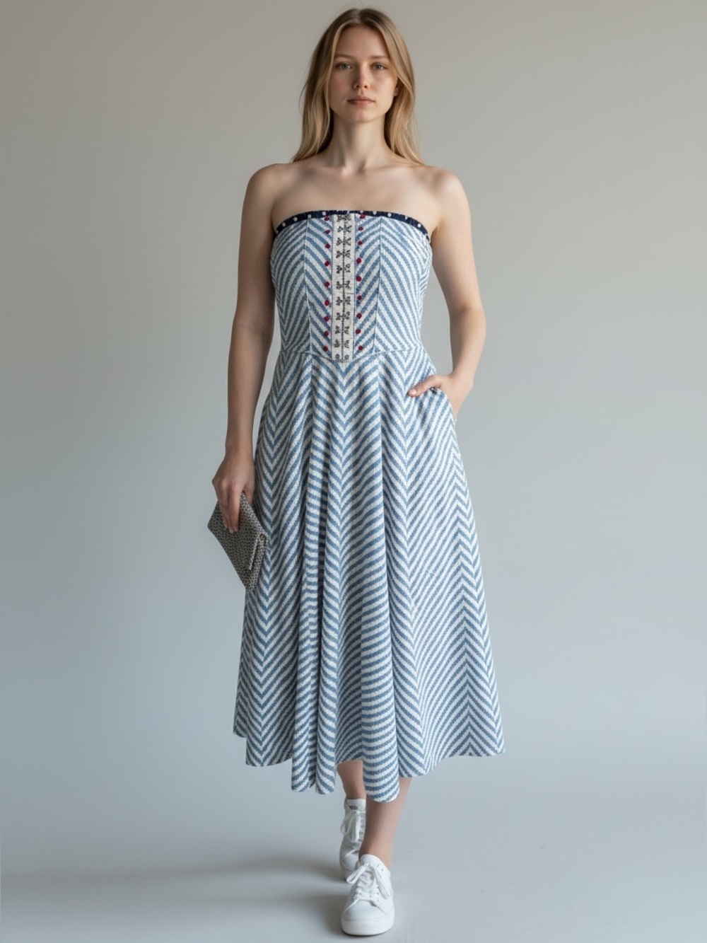 Strapless Blue and White Chevron Midi Dress